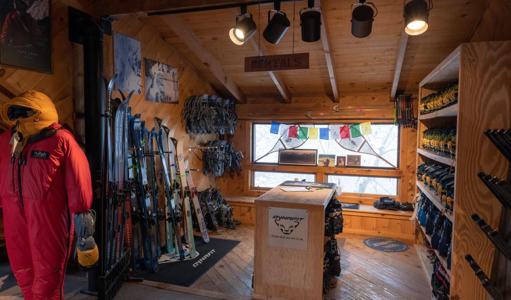 A space for ski and snowshoe rentals in a gear shop