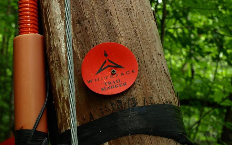 A red trail marker