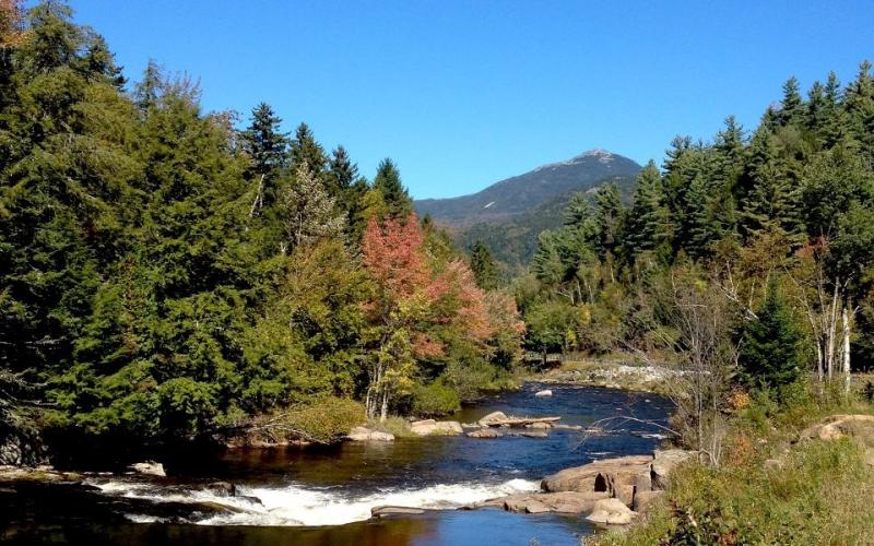 A fall view of a river cutting through trees