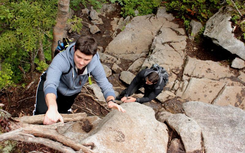 Rock climbing on the way to the summit of Algonquin.