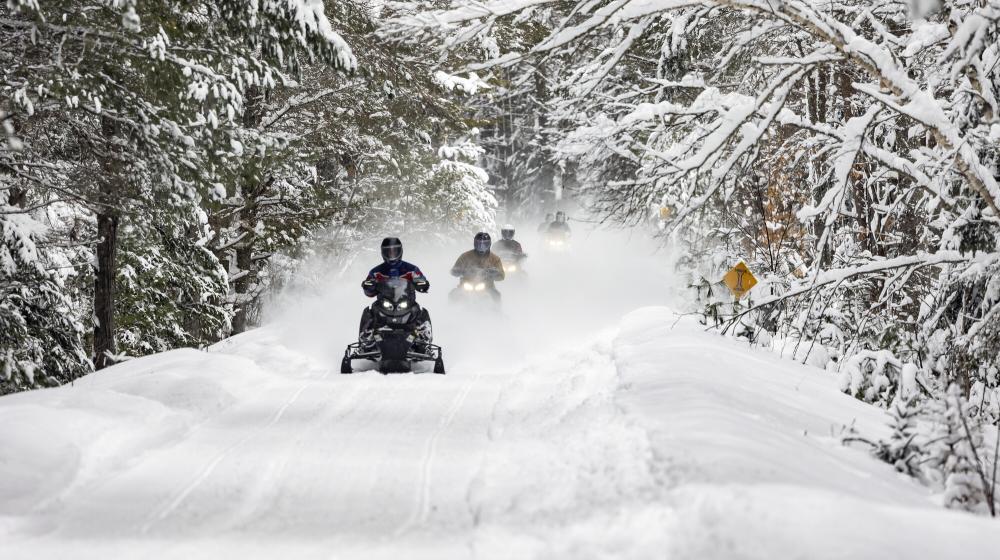 A group of snowmobilers riding on a groomed trail in the woods