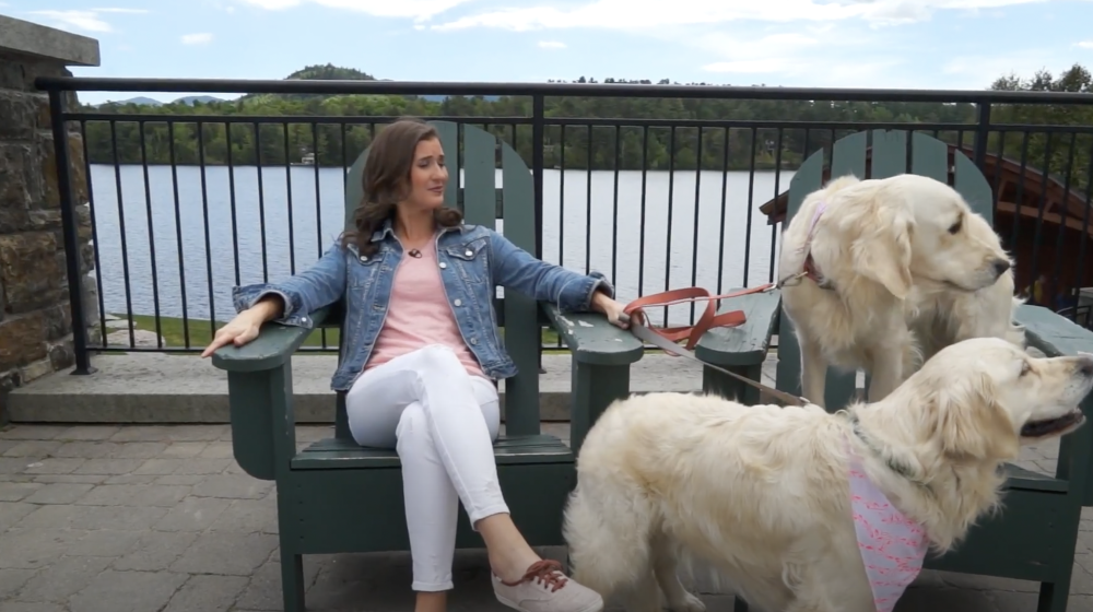 Women sits in an Adirondack Chair with two dogs on a leash.